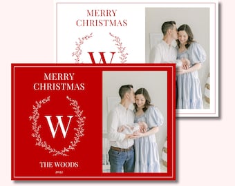 Red and White Classic Monogram Wreath Christmas Card