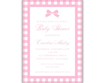 Pink Gingham Bow Baby Shower Invitation