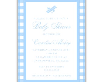 Blue Gingham Vintage Plane Baby Shower Invitation