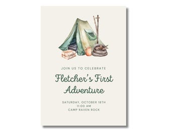 First Adventure Camping Birthday Party Invitation