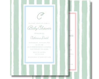 Watercolor Green Stripe Baby Shower Invitation