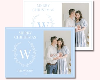 Blue and White Classic Monogram Wreath Christmas Card