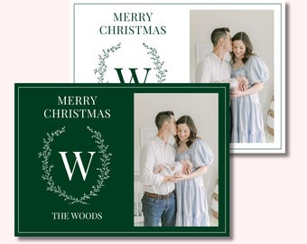 Green and White Classic Monogram Wreath Christmas Card