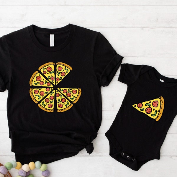 Pizza et tranche de pizza, ensemble de chemises pour les amoureux de la pizza, chemise de tranche de pizza familiale, t-shirt assorti papa et moi, tenue mignonne de pizza mère et bébé.
