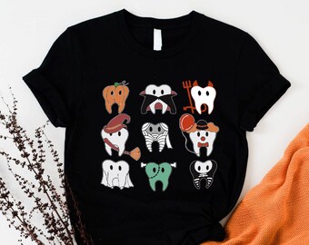 Funny Halloween Teeth T-Shirt, Spooky Halloween Dentist Shirt, Dental Squad Shirt, Trick or Teeth Tee, Pumpkin Ghost Shirt, Witch Tooth Tee