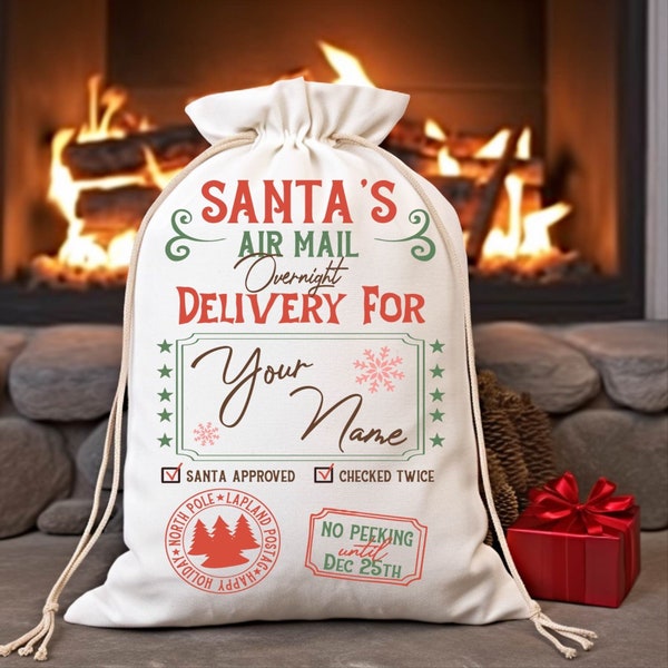 Santa's Air Mail Delivery Sack, Christmas Sack Bags, Santa Presents Sack, Christmas Treat Bags, Personalized Sack Bag, Drawstring Xmas Sacks