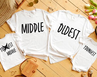 Oldest Middle Youngest Shirts, Matching Sibling Shirts Set Of 4 , 4th Baby Announcement Tee,Big Middle Little, Fourth Pregnancy Announcement