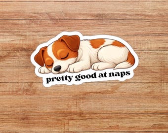 Jack Russell Terrier Cartoon Die-Cut Sticker, "Pretty Good at Naps" Funny Sticker, Dog Saying Sticker, Water Bottle Decal, Dog Owner Gift