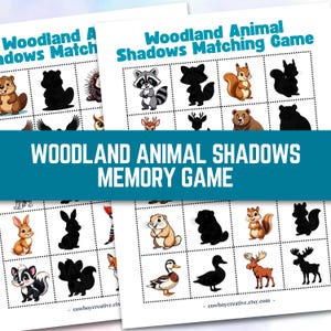 May include: Two matching game cards with woodland animal illustrations and their shadows. The text "Woodland Animal Shadows Matching Game" and "Woodland Animal Shadows Memory Game" are displayed. The Etsy shop name "cowboycreative.etsy.com" is also visible.