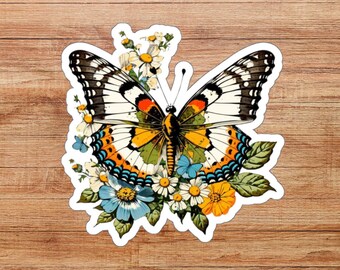 Bloemen vlinder sticker, vlinder sticker, cadeau voor vlinderliefhebber, dierensticker cadeau, bestuiver cadeau, vlinder sticker