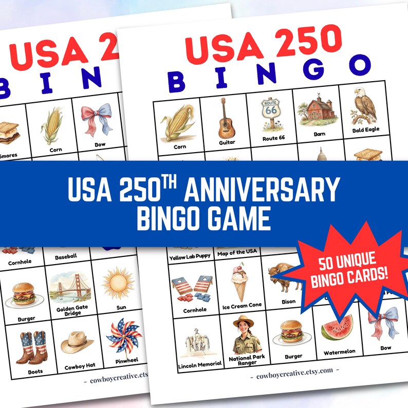 4th of July Bingo Game Printable | 50 Unique Cards | Patriotic Party ...