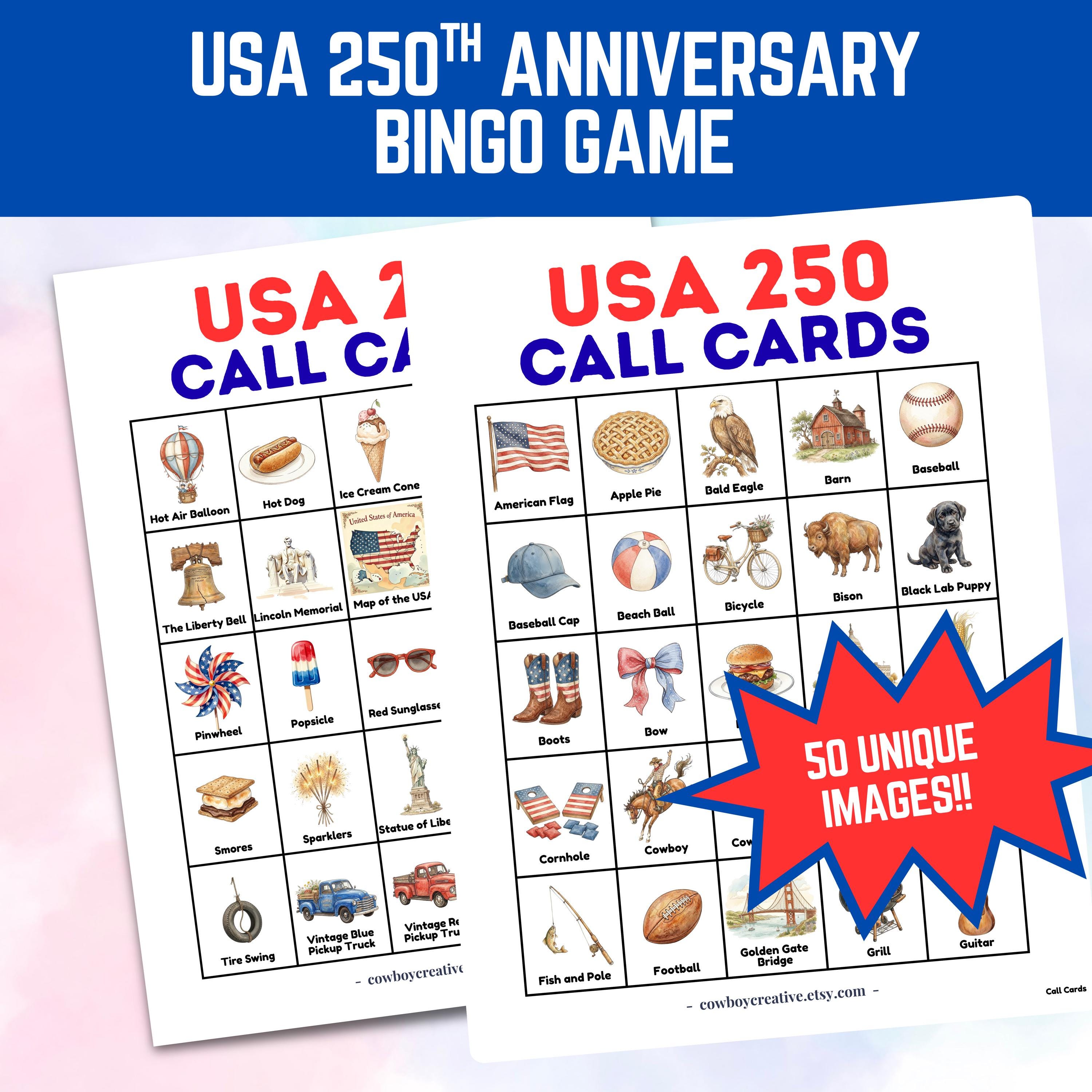 4th of July Bingo Game Printable | 50 Unique Cards | Patriotic Party ...