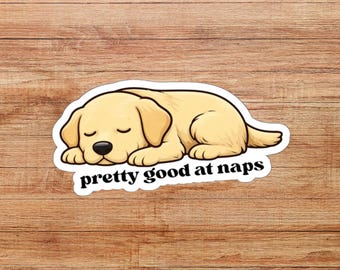 Sleepy Yellow Labrador Retriever Cartoon Die-Cut Sticker, "Pretty Good at Naps" Funny Sticker, Lab Gift, Dog Sticker, Water Bottle Decal