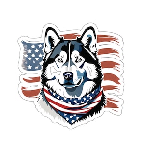 Patriotic Alaskan Malamute Sticker, Dog Sticker, Gift for Malamute Lover, 4th of July Decor, Dog Lover Sticker, Dog Lover Gift