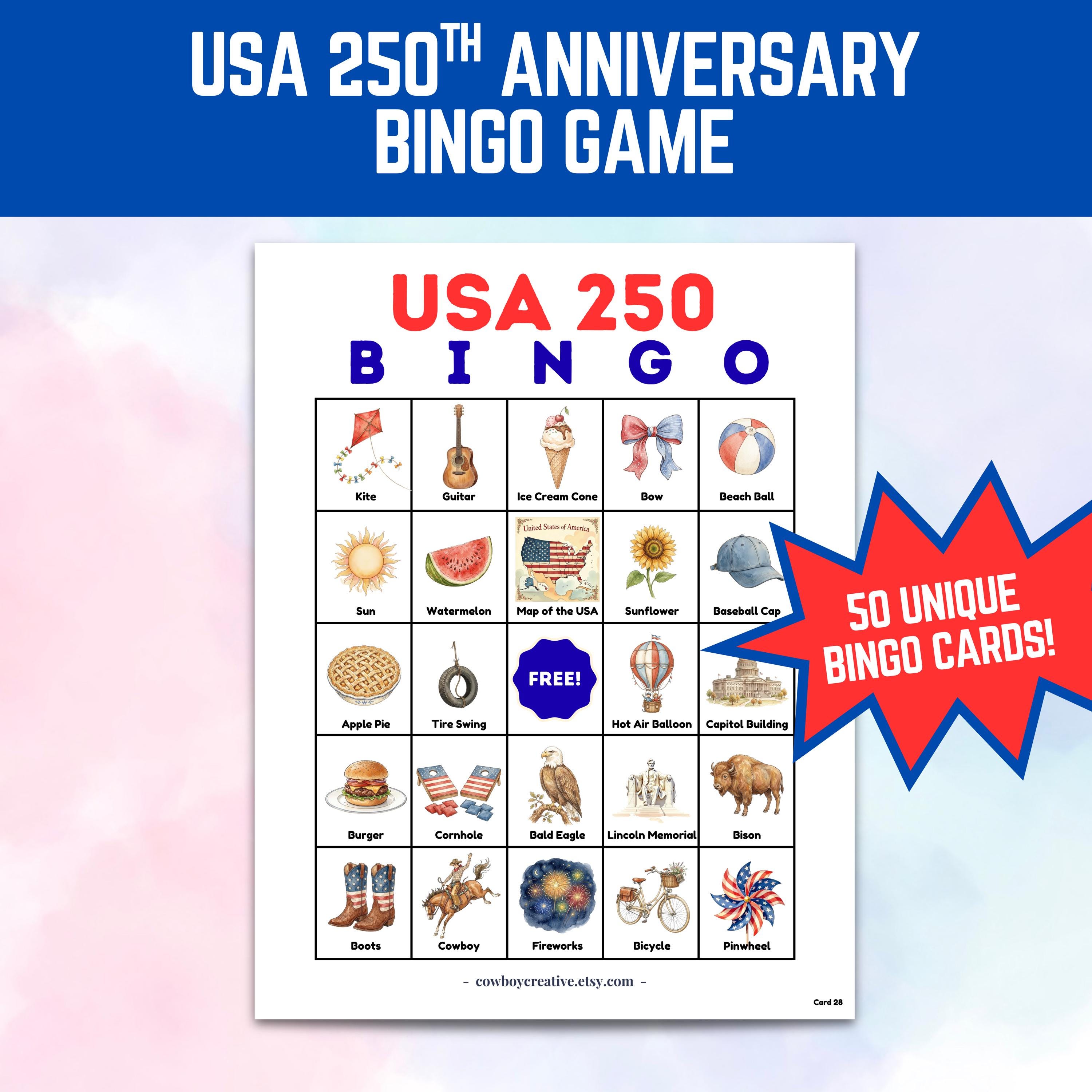 4th of July Bingo Game Printable | 50 Unique Cards | Patriotic Party ...