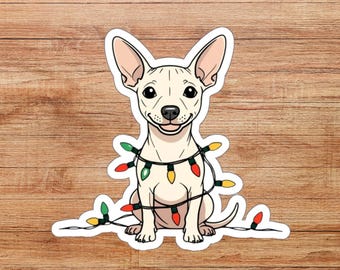American Hairless Terrier Wrapped in Holiday Lights Die-Cut Sticker, Animal Cartoon Decal, Holiday Scrapbook Sticker, Water Bottle Sticker