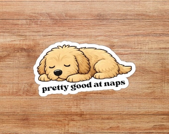 Sleepy Golden Doodle Cartoon Die-Cut Sticker, "Pretty Good at Naps" Funny Sticker, Dog Saying Sticker, Water Bottle Decal, Dog Owner Sticker
