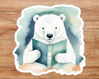 Polar Bear Reading Book Die-Cut Sticker, Polar Bear Lover Sticker, Animal Gift, Scrapbook Sticker, Water Bottle Sticker, Zoo Souvenir