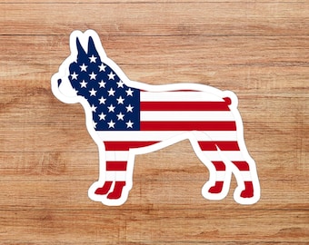 American Flag Boston Terrier Die-Cut Sticker, Patriotic Dog Sticker, Boston Terrier Silhouette Gift, Dog Sticker, Water Bottle Decal