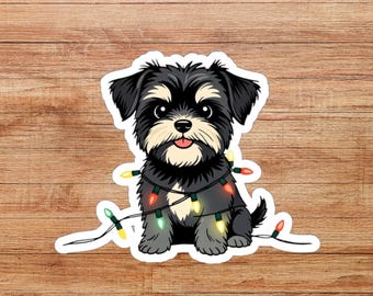 Affenpinscher Wrapped in Holiday Lights Die-Cut Sticker, Animal Cartoon Decal, Scrapbook Sticker, Holiday Decal, Water Bottle Sticker