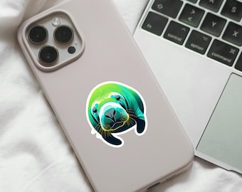 Blauwgroene lamantijn gestanste sticker, sticker lamantijn, lamantijn minnaar cadeau, lamantijn sticker cadeau, lamantijn minnaar cadeau, zeekoe minnaar cadeau