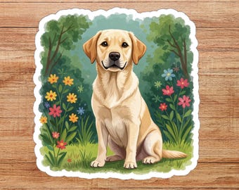 Yellow Lab with Flowers Sticker, Animal Sticker, Yellow Labrador Retriever Gift, Labrador Decal, Water Bottle Sticker, Scrapbook Sticker