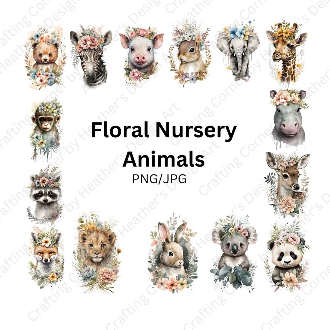 Baby Floral Animals PNG, Cute Baby Watercolor Animal Digital Clip Art ...