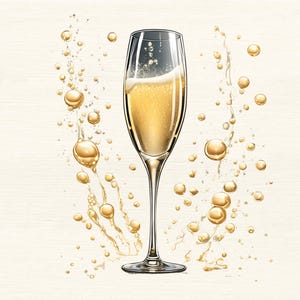 May include: A tall champagne flute filled with sparkling golden liquid, with bubbles rising and bursting around it. The glass has a slender stem and a wide bowl, set against a light beige background.