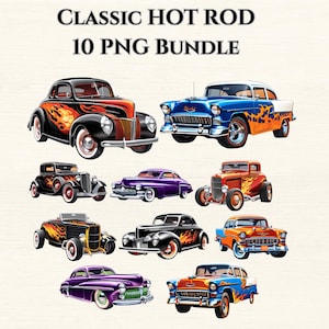 Könnte beinhalten: Ein Set mit 10 digitalen Bildern, die klassische Hot-Rod-Autos in verschiedenen Farben zeigen, darunter Schwarz, Blau, Lila und Orange. Die Autos haben Flammen an den Seiten und sind im Vintage-Stil gehalten.