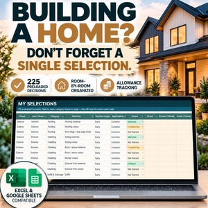Può includere: Un portatile mostra un foglio di calcolo intitolato My Selections con colonne per fase, area, categoria e stato. Il testo sopra recita Building a Home? Don't Forget a Single Selection, con icone per il monitoraggio delle decisioni.