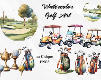 Arte de golf en acuarela, imágenes PNG de amantes del golf en acuarela, imágenes prediseñadas de golf, imágenes PNG de bolsas de golf, imágenes prediseñadas de carritos de golf, fondo transparente de alta calidad