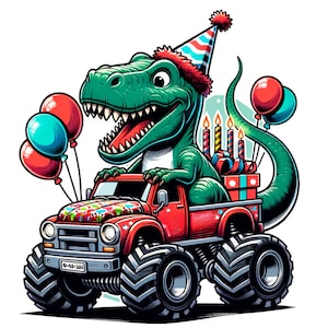 Może przedstawiać: Zielony dinozaur w czapce urodzinowej prowadzi czerwony monster truck z tortem urodzinowym w tylnej części. Ciężar&oacute;wka ma duże czarne opony i kolorowe malowanie. W tle są balony.