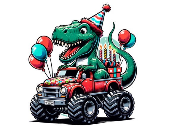 Dinosaur Monster Truck Happy Birthday Png, PNG Design for Birthday Gifts, PNG Kids Shirt Design, Kids PNG Design, Dinosaur Birthday Party