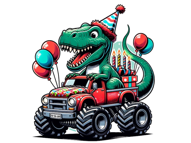 Może przedstawiać: Zielony dinozaur w czapce urodzinowej prowadzi czerwony monster truck z tortem urodzinowym w tylnej części. Ciężar&oacute;wka ma duże czarne opony i kolorowe malowanie. W tle są balony.