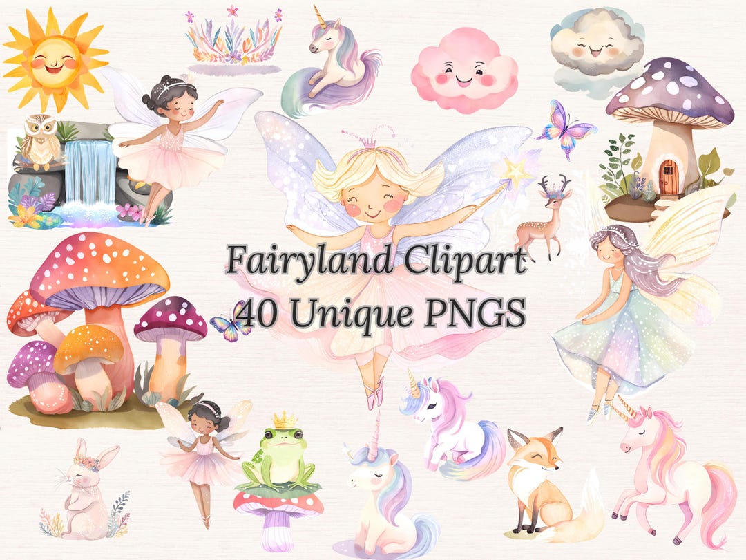 Watercolor Fairyland Elements Clipart Bundle | Fairy Unicorn Png ...