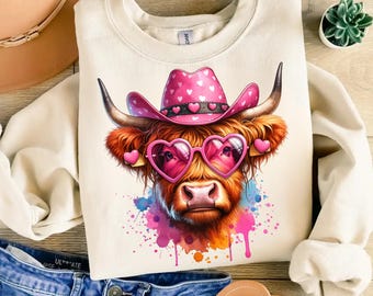 Watercolor Highland Cow png, Pink Cowgirl Hat Png, Valentine's Day, Western Cowgirl Png, Valentine Heart Png, Love Png, Sublimation Designs