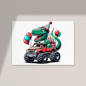 Może przedstawiać: Zielony dinozaur w czapce urodzinowej prowadzi czerwony monster truck z tortem urodzinowym i świeczkami z tyłu. Ciężar&oacute;wka ma duże czarne opony, a dinozaur trzyma kierownicę. Z tyłu ciężar&oacute;wki przywiązane są dwa balony.