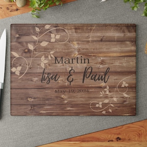 Glass Cutting Board, personalized with names and date, wood look cutting board, wedding anniversary housewarming gifts,  tempered glass
