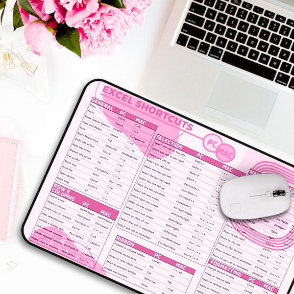 Alfombrilla de escritorio rosa con accesos directos de Excel para dormitorio, oficina, alfombrilla de ratón, alfombrilla de escritorio, contable, estudiante, ingeniero de software, gerente de proyectos, bonita alfombrilla de escritorio