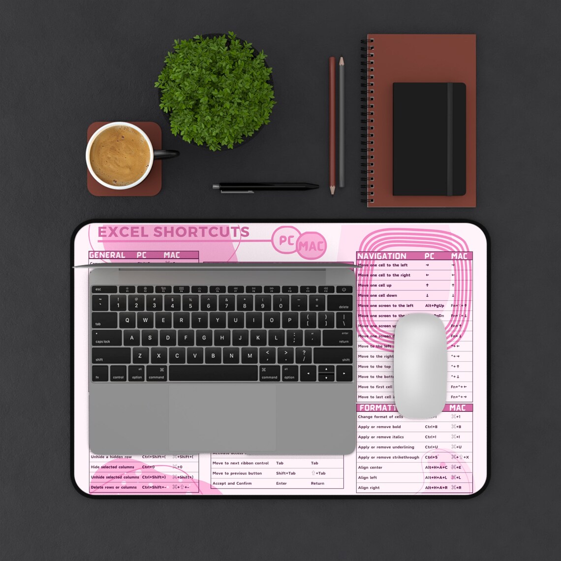 Excel Shortcuts Pink Desk Mat for Dorm Office Desk Pad Mouse Pad ...
