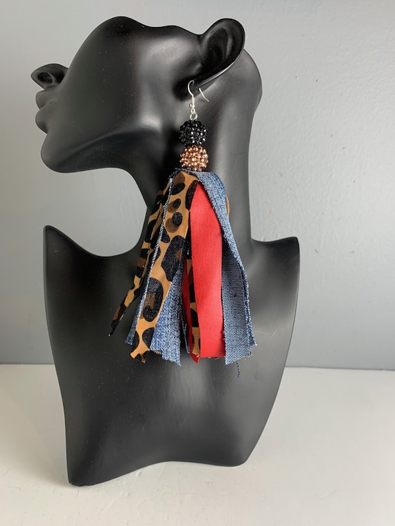 Cheetah Denim Tassel Earrings: Red Faux Leather Dangle Earrings