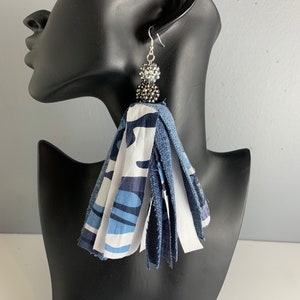 Blue Camo Denim Tassel Earrings: Faux Leather Fabric Dangles