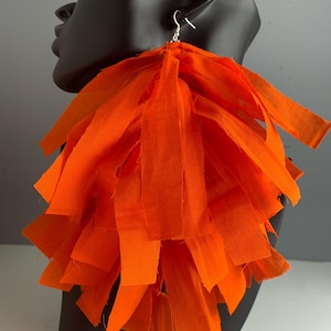 Orange Fringe Frayed Tassel Earrings, Boho Earrings, Hippie Earrings, Shabby Chic Earrings, Fabric Earrings, Dangle Earrings, Tassel Earring