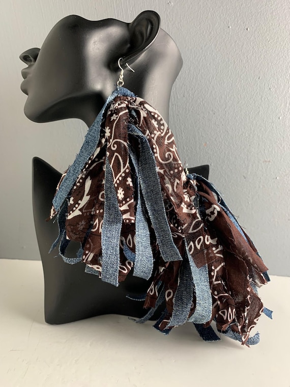 Denim & Brown Bandana Fringe Frayed Earrings, Tassel Earrings  