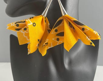 Yellow Bandana Statement Earrings with Silver Finial