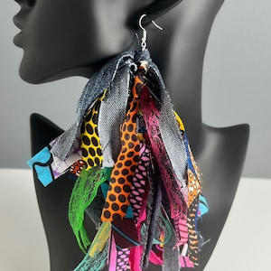 Colorful Fabric Earrings, Fringe Frayed Tassel Earrings, Dangle Earrings, Cloth Earrings