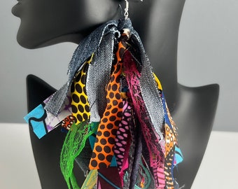 Colorful Fabric Earrings, Fringe Frayed Tassel Earrings, Dangle Earrings, Cloth Earrings