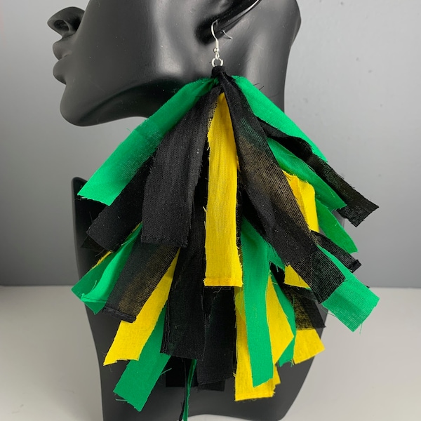 Green, Yellow, Black Fringe Frayed Bandana Earrings, Colors of Jamaica Earrings, Tassel Earrings, Cloth Earrings, Dangle Earrings