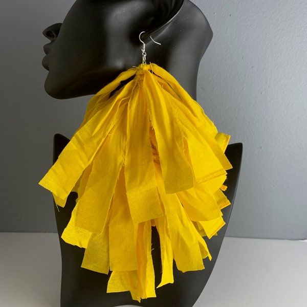 Yellow Fringe Frayed Tassel Earrings, Boho Earrings, Hippie Earrings, Shabby Chic Earrings, Fabric Earrings, Tassel Earrings, Bohemian