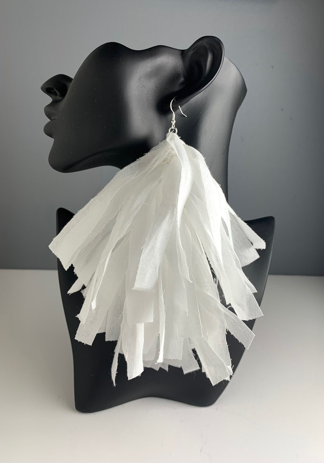 White Fringe Frayed Tassel Earrings, White Bandana Earrings, White